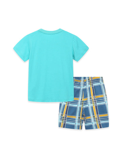 Arrival Summer Baby Kids Boys Short Sleeves Cartoon Pattern T-shirt and Plaid Shorts Clothing Set