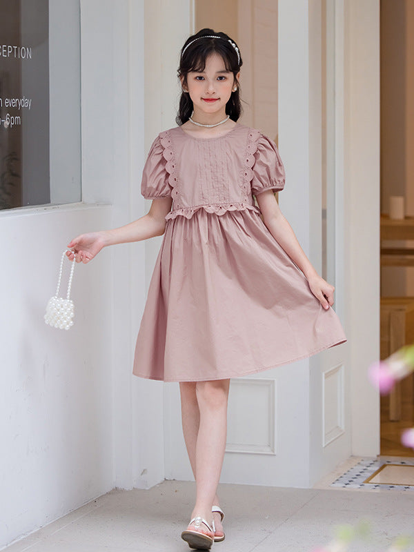 Hot Selling Summer Kids Girls Simple Style Solid Color Plain Cotton Short Sleeves Hollow Out Trim Dress 120 (5-7Y) / Pink Hot Selling Summer Kids Girls Simple Style Solid Color Plain Cotton Short Sleeves Hollow Out Trim Dress 120 (5-7Y) / Pink
