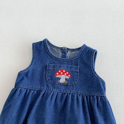 Summer Arrival Baby Girls Sleeveless Mushroom Pattern Denim Bodysuit