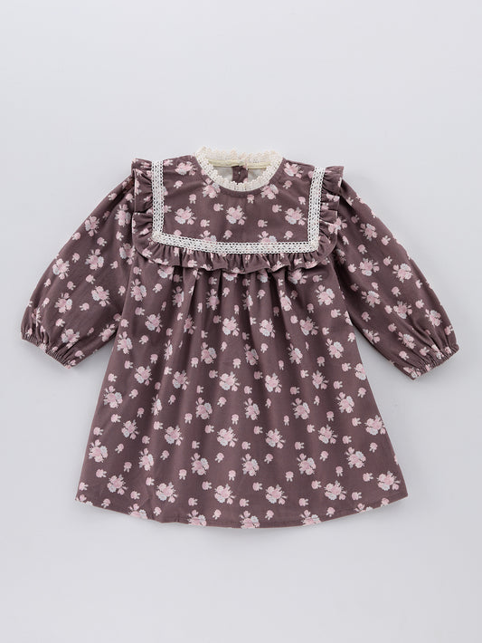 Spring and Autumn Floral Print Long-sleeved Dress with Lace Collar for Stylish Girls, MyKids-USA®, Baby & Toddler Dresses, MyKids-USA - Size/Age - 90 (12-24M) - Color - Coffee -  -  - TR2412301025-B.