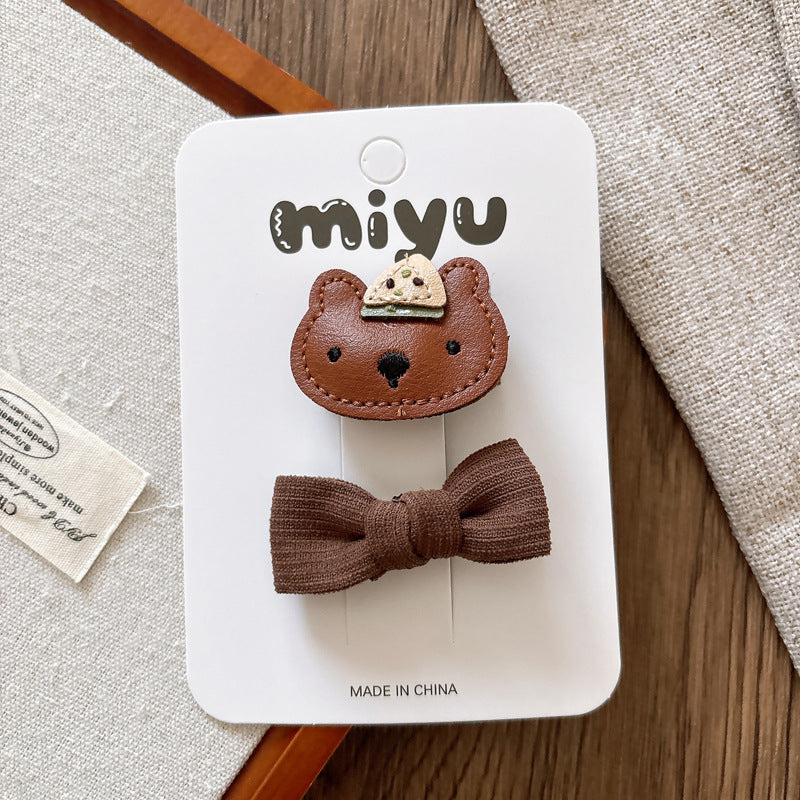 Collection of 2 Hair Clips – Adorable Small Fabric Bow Hair Clips and Leather Cartoon Accessories, MyKids-USA®, Hair Pins, Claws & Clips, MyKids-USA - Size/Age - Average Size (0-12Y） - Color - Coffee -  -  - TR2603171030-A.