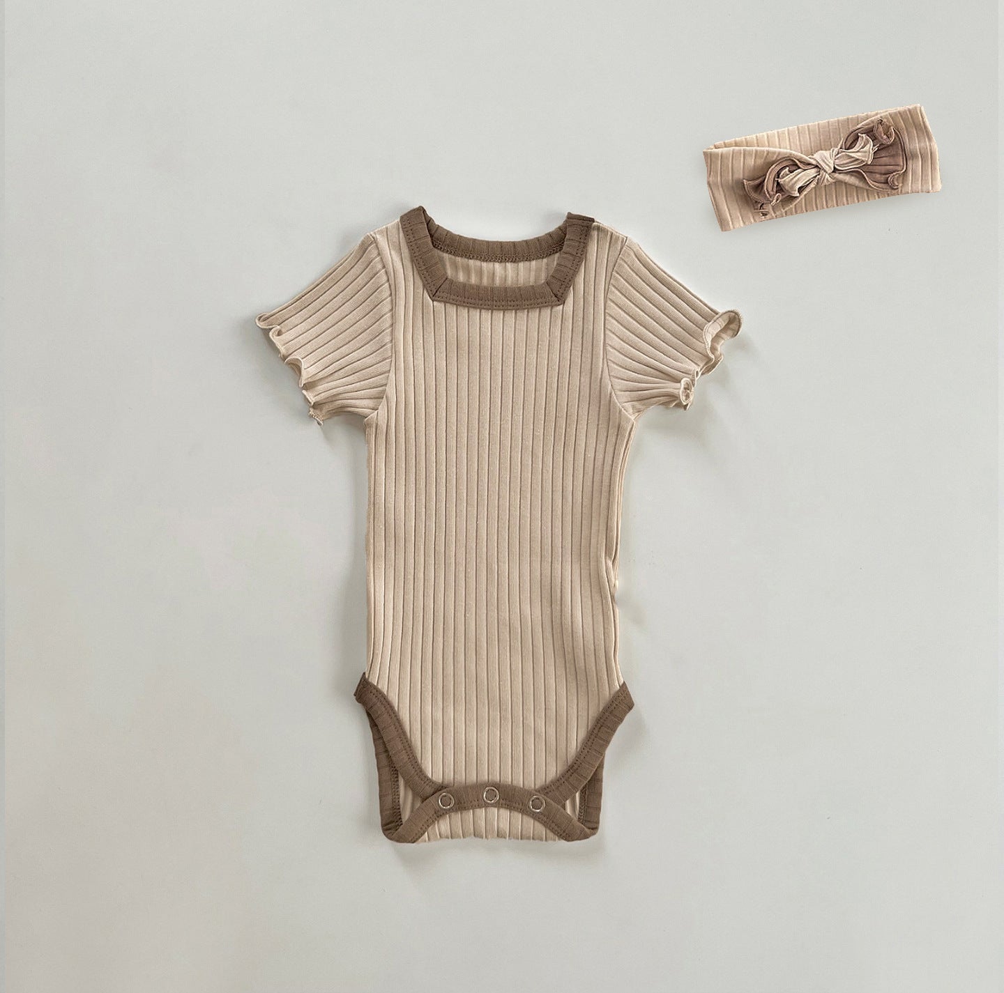 Summer Arrival Baby Short Sleeves Color Patchwork Striped Bodysuit with Hairband