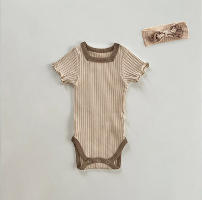 Summer Arrival Baby Short Sleeves Color Patchwork Striped Bodysuit with Hairband