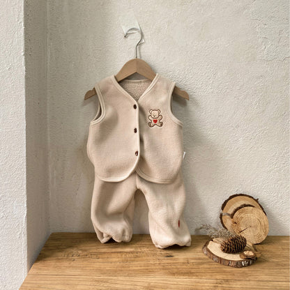 MyKids-USA® Autumn Baby Kids Teddy Bear Embroidered Sleeveless Vest and Hearts Pants Clothing Set