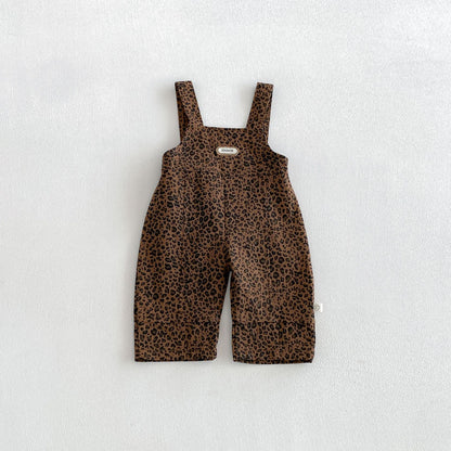 MyKids-USA® Hot Selling Autumn Baby Kids Long Sleeves Solid Color Top and Sleeveless Leopard Overalls Set
