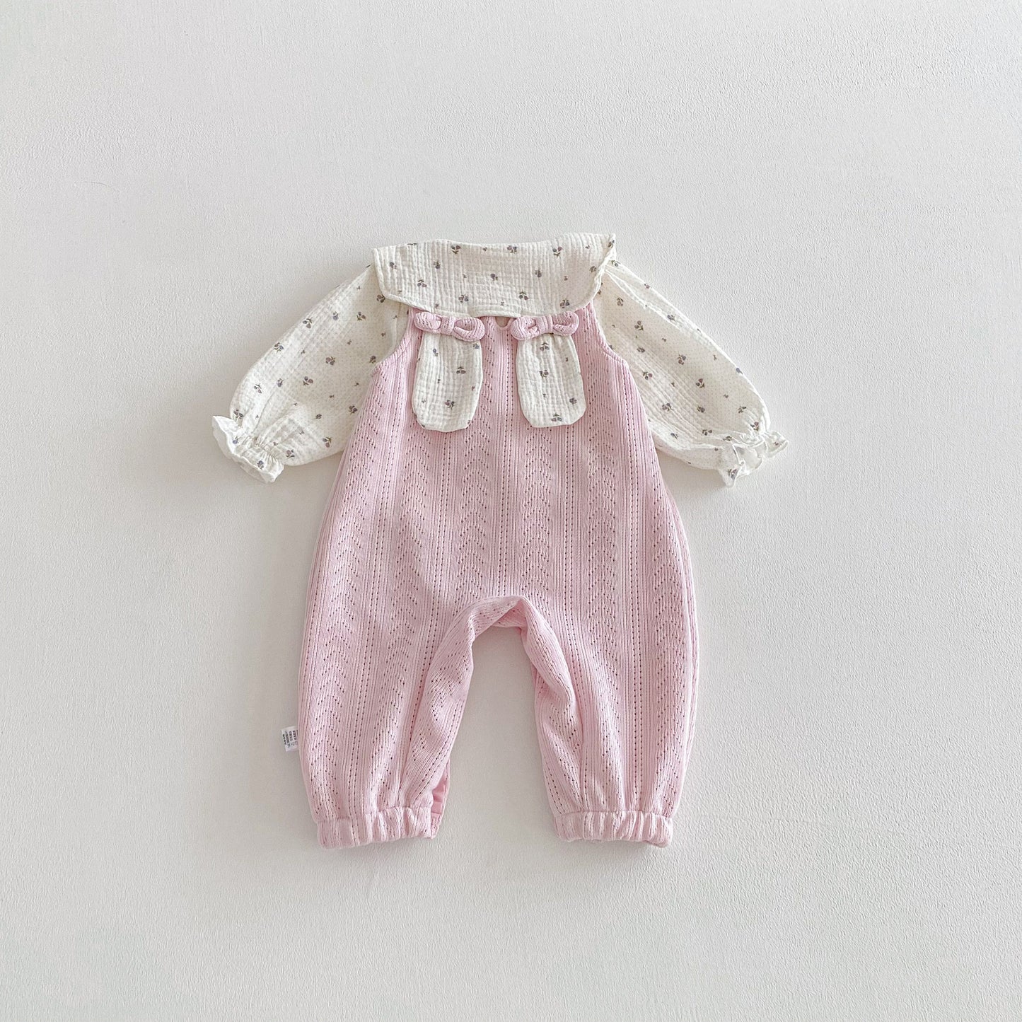 Spring and Autumn Baby Kids Girls Long Sleeves Floral Pattern Top and Pink Sleeveless Hollow-out Rompers Clothing Set