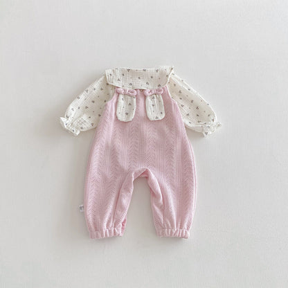 Spring and Autumn Baby Kids Girls Long Sleeves Floral Pattern Top and Pink Sleeveless Hollow-out Rompers Clothing Set