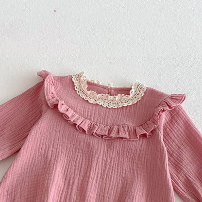 Spring Arrival Baby Girls Long Sleeves Pink Lace Trim Bodysuit