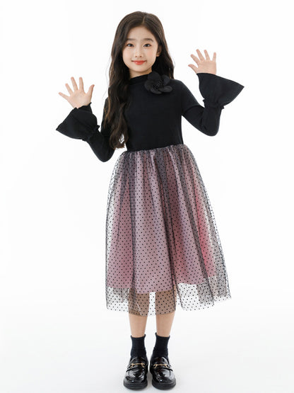 Autumn Arrival Long Sleeves Color Patchwork Dots Pattern Tulle Dress for Stylish Girls