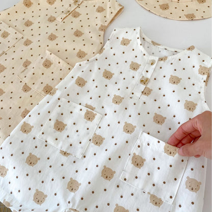 Summer New Arrival Sleeveless Crew Neck Teddy And Dots Pattern Baby Rompers With Hat