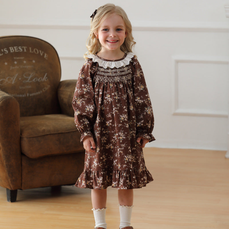 Arrival Autumn Girls Vintage Ruffle Collar Long Sleeves Floral Pattern Dress, MyKids-USA®, Baby & Toddler Dresses, MyKids-USA - Size/Age - 90 (12-24M) - Color - Brown -  -  - TR2408241021-A