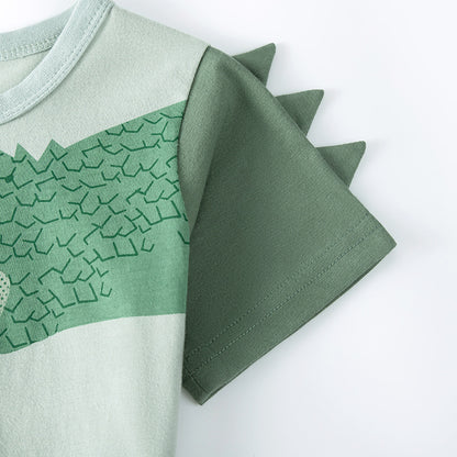 Summer Hot Selling Baby Kids Boys Short Sleeves Cartoon Pattern T-shirt and Plain Shorts Clothing Set