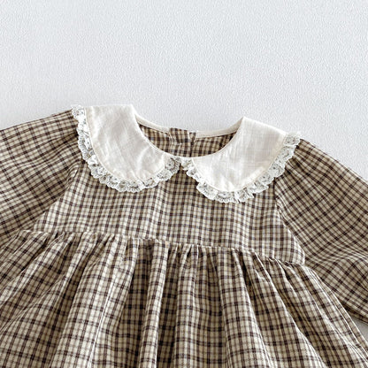MyKids-USA® Autumn Arrival Baby Girls Long Sleeves Lace Trim Plaid Bodysuit Dress