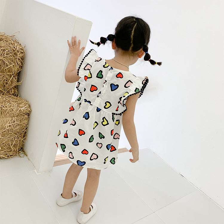 Best Selling Summer Baby Kids Girls Colorful Heart Pattern Fly Sleeves Dress