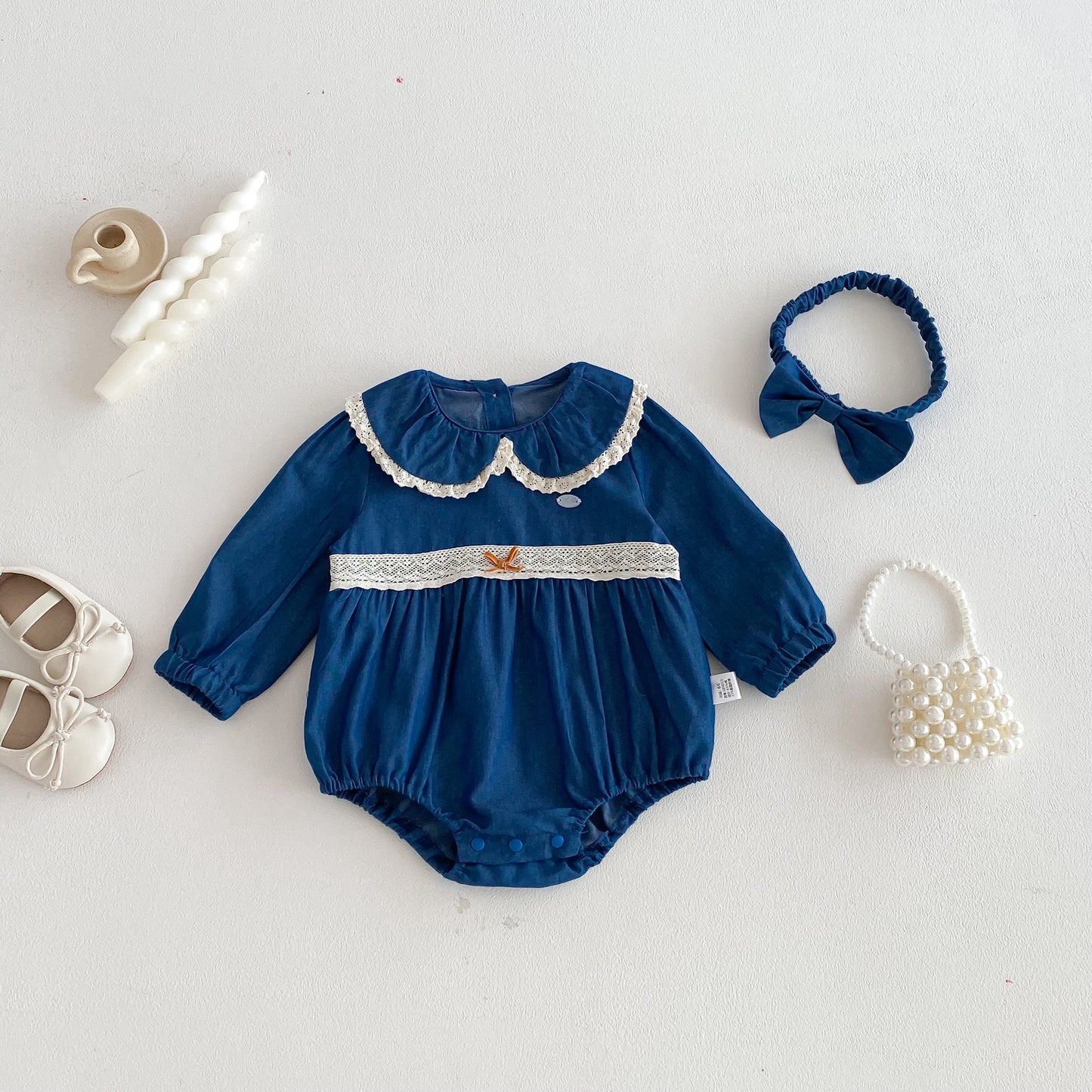 Spring Arrival Baby Girls Long Sleeves Blue Lace Trim Bodysuit