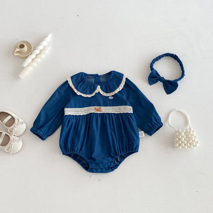 Spring Arrival Baby Girls Long Sleeves Blue Lace Trim Bodysuit