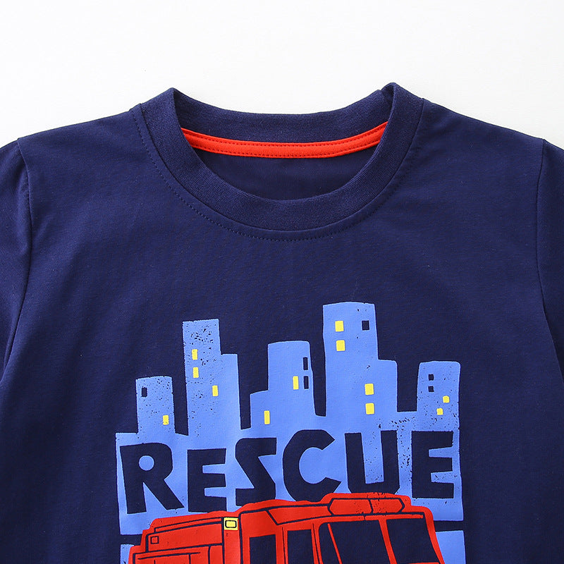 Summer Boys’ Fire Truck Cartoon Pattern T-shirt in European and American Style, MyKids-USA®, Baby & Toddler Tops, MyKids-USA -  -  -  -  -  -  - 