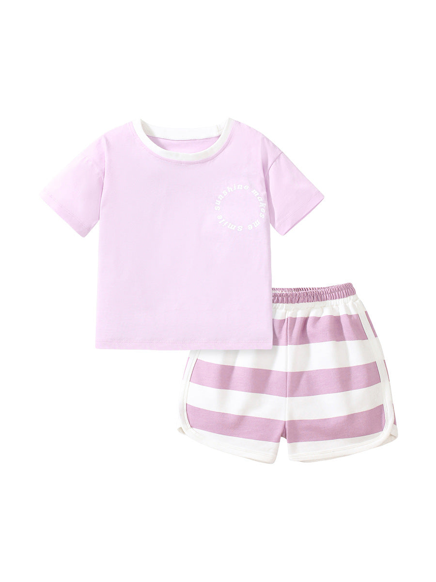 Baby And Kids Girls Purple Short Sleeves Top And Shorts Casual Clothing Set