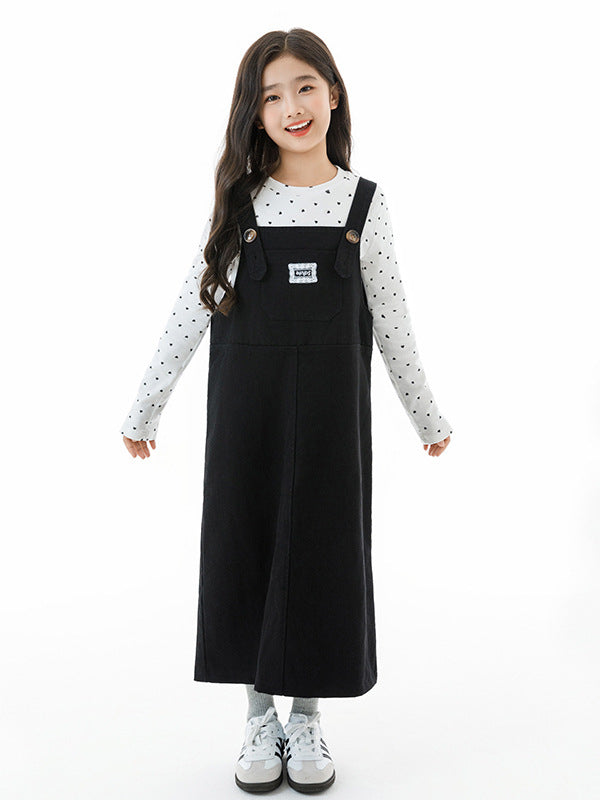Arrival Autumn Kids Girls Long Sleeves Dots Pattern Top and Black Overalls Clothing Set
