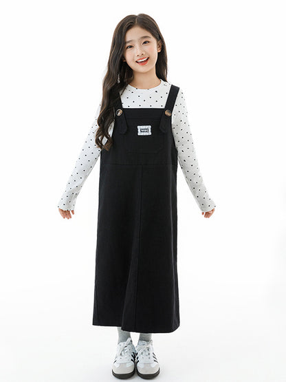 Arrival Autumn Kids Girls Long Sleeves Dots Pattern Top and Black Overalls Clothing Set