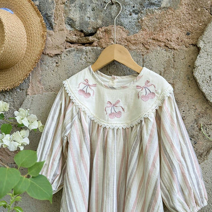 Autumn Arrival Baby Kids Girls Cherry Embroidery Pattern Long Sleeves Striped Dress, MyKids-USA®, Baby & Toddler Dresses, MyKids-USA -  -  -  -  -  -  - 