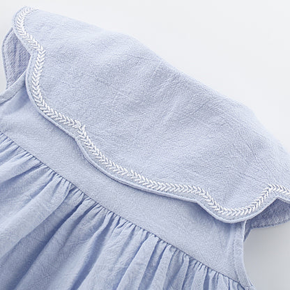 Summer Arrival Blue Single Breasted Sleeveless Dress with Embroidered Collar for Stylish Girls, MyKids-USA®, Baby & Toddler Dresses, MyKids-USA -  -  -  -  -  -  - 