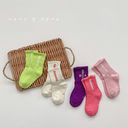 Baby Solid Color Letter Print Pattern Mid-Tube Socks 1bag=5pairs