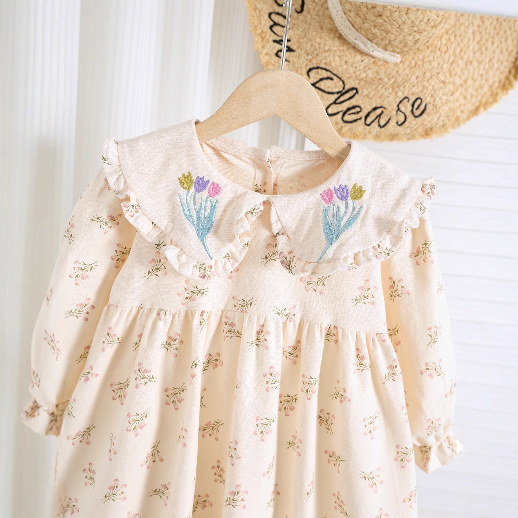 Autumn Arrival Baby Kids Girls Floral Pattern Long Sleeves Dress with Embroidered Collar, MyKids-USA®, Baby & Toddler Dresses, MyKids-USA -  -  -  -  -  -  - 