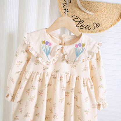 Autumn Arrival Baby Kids Girls Floral Pattern Long Sleeves Dress with Embroidered Collar, MyKids-USA®, Baby & Toddler Dresses, MyKids-USA -  -  -  -  -  -  - 