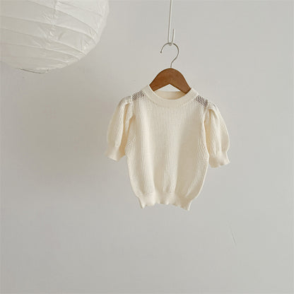 Baby Girl Solid Color Puff Sleeves Simple Style Tees