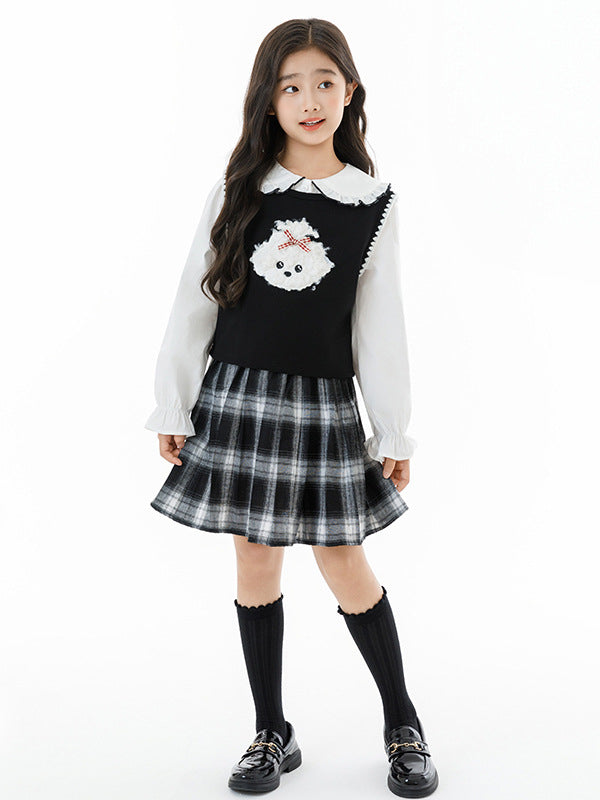 Arrival Autumn Kids Girls White Top, Sleeveless Vest and Plaid Skirt Clothing Set