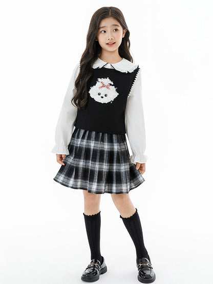 Arrival Autumn Kids Girls White Top, Sleeveless Vest and Plaid Skirt Clothing Set