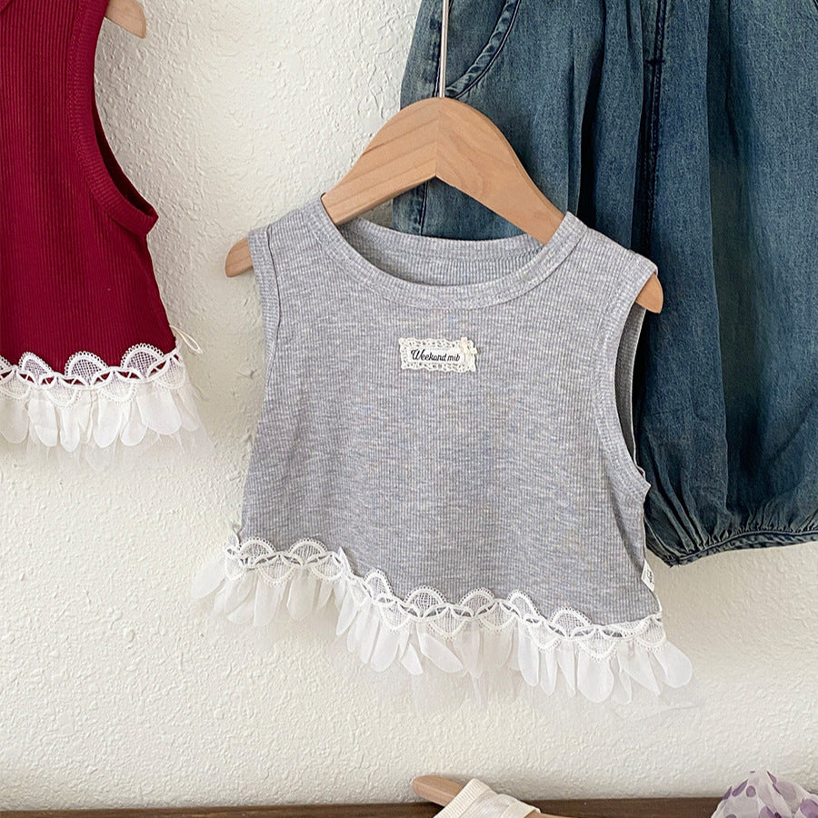 Arrival Summer Baby Kids Girls Sleeveless Lace Trim Color Patchwork Vest, MyKids-USA®, Baby & Children's Tops, MyKids-USA - Size/Age - 90 (12-24M) - Color - Grey -  -  - TR2604202302-B.