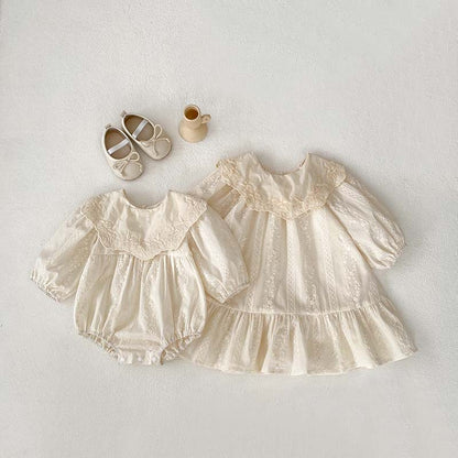 New Arrival Spring Baby Kids Girls Ruffle Collar Long Sleeves Floral Embroidery Onesies And Dress – Princess Sister Matching Set