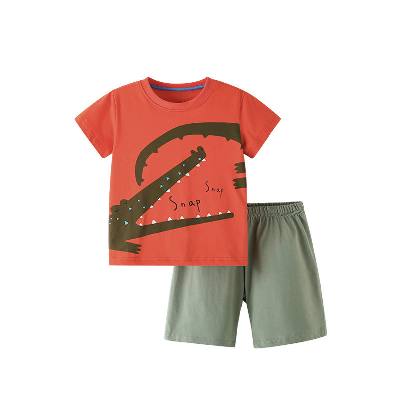Summer Baby Kids Cartoon Crocodiles Pattern T-shirt and Plain Shorts Casual Clothing Set for Boys, MyKids-USA®, Baby & Toddler Outfits, MyKids-USA - Size/Age - 120 (5-7Y) - Color - Red -  -  - TR2506262344-A