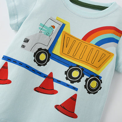 Baby Boy Car Print Pattern Blue Crewneck Summer Clothing Sets