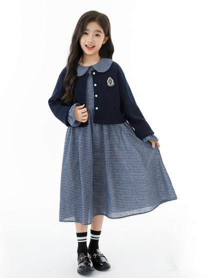 Arrival Autumn Kids Girls Long Sleeves Houndstooth Dress and Preppy Coat Clothing Set