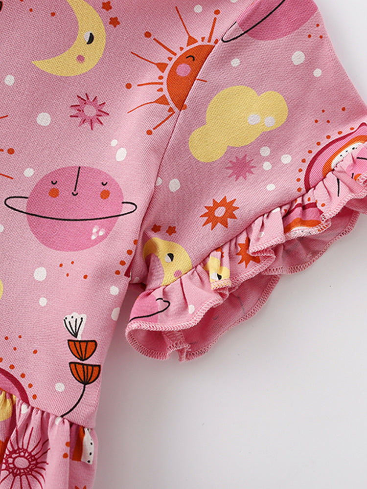 Summer Baby Kids Girls Short Sleeves Cartoon Pattern Dress