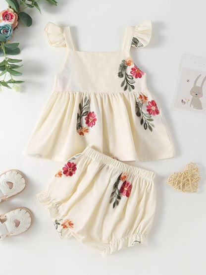 Summer Baby Kids Girls Floral Pattern Sleeveless Strap Top Dress And Bloomers Clothing Set/ Onesies