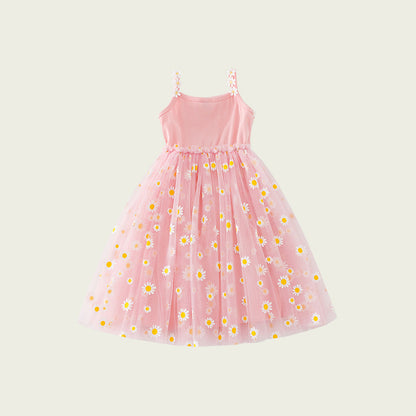 Summer Baby Kids Girls Sleeveless Floral Daisy Pattern Mesh Strap Dress