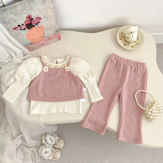 Spring and Autumn Baby Kids Girls Flowers Decorated Sleeveless Vest, Plain Long Sleeves Top and Pants Clothing Set, MyKids-USA®, Baby & Toddler Outfits, MyKids-USA - Size/Age - 73 (6-9M) - Color - Pink -  -  - TR2509042151-B.