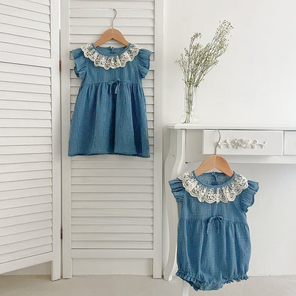 New Arrival Summer Girls Blue Plaid Noble Lace Floral Collar Fly Sleeves Onesies And Dress – Princess Sister Matching Set