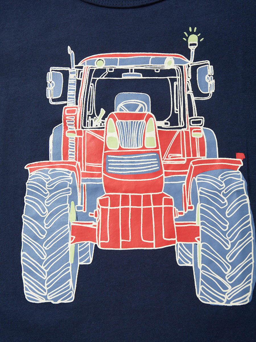 Round Neck Tractor Cartoon Printing Boys’ T-Shirt In European And American Style For Summer
