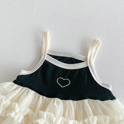 Summer Baby Girls New Design Color Patchwork Heart Pattern Sleeveless Mesh Princess Strap Onesie Dress