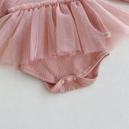Autumn Arrival Baby Girls Long Sleeves Tulle Patchwork Solid Color Onesies, MyKids-USA®, Baby One-Pieces, MyKids-USA -  -  -  -  -  -  - 