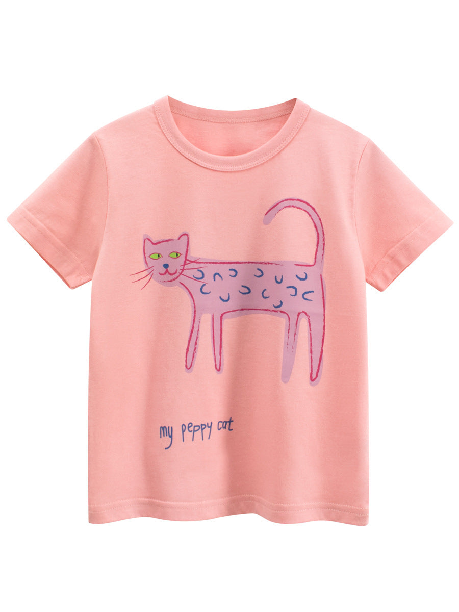 Summer Girls’ Cartoon and Letters Pattern T-shirt in European and American Style