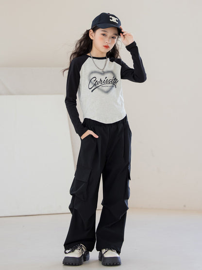 Arrival Autumn Kids Girls Long Sleeves Letters Pattern Top and Black Loose Pants Sets