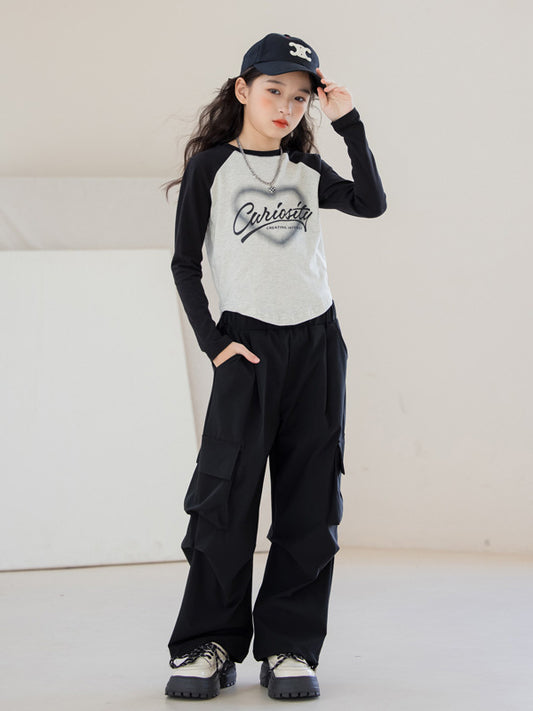 Arrival Autumn Kids Girls Long Sleeves Letters Pattern Top and Black Loose Pants Sets