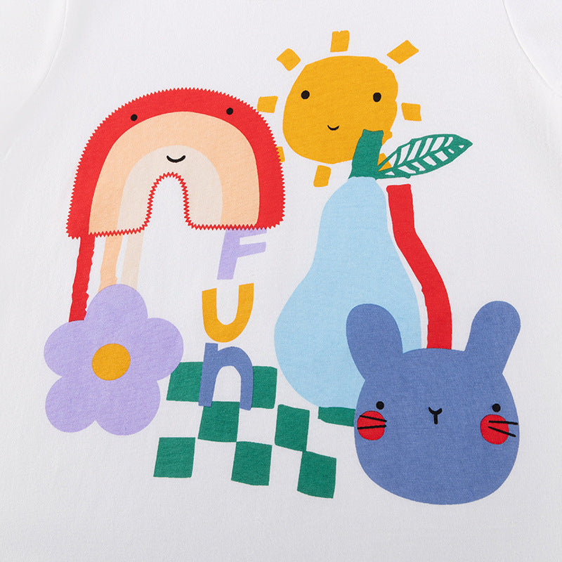 Summer Hot Selling Baby Kids Girls Short Sleeves Cartoon Pattern T-shirt and Plain Shorts Clothing Set