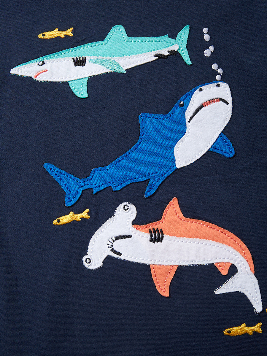 Round Neck Sharks Cartoon Boys’ T-Shirt In European And American Style For Summer